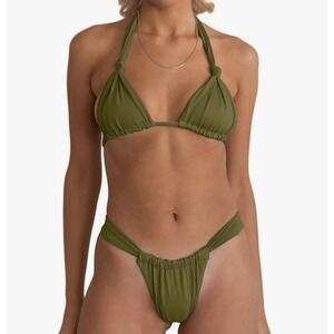 Womens Olive Green Triangle Halter Bikini Set Size Large Ruched‎ Bottoms NWOT